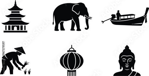 Traditional Thai cultural icons featuring temples and agriculture illustrations