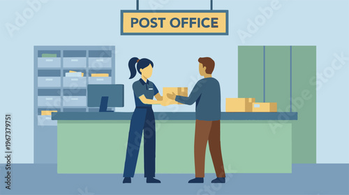 Post office worker assisting customer with package delivery