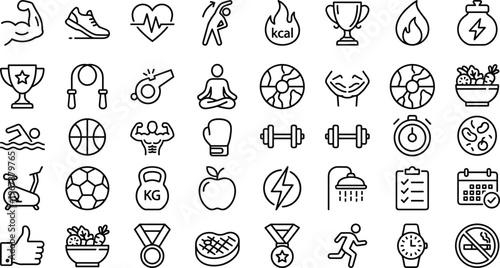 Fitness and Sports Icon Set with Workout Exercise Gym Equipment Health Training Activity and Wellness Symbols for Apps and UI Design