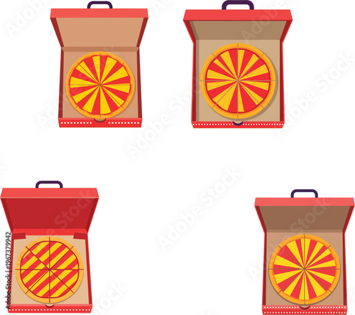 Hot delicious pizza in open red delivery cardboard box vector icon set for restaurant food service and online ordering