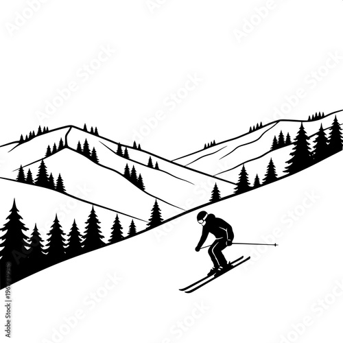 Silhouette skier descending snowy mountain slope at dusk with pine trees