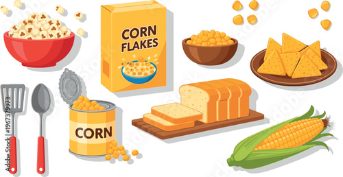 Corn food icons set with popcorn cornflakes bread nachos sweet corn and kitchen utensils colorful vector illustration collection