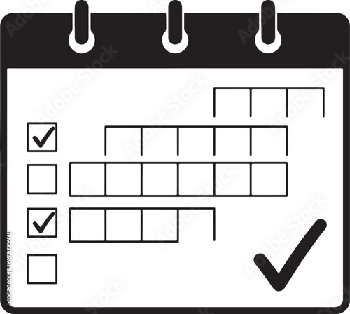 Black and white calendar page with checkboxes and checkmarks transparent background also transparent background