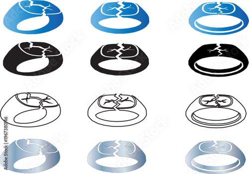 A collection of twelve vector illustrations depicting a broken ring in various styles and colors, including blue, black outline, and silver gradients. each showing distinct crack across its surface.  