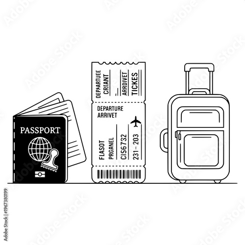 Travel essentials flat lay with passport, boarding pass, and suitcase on white background