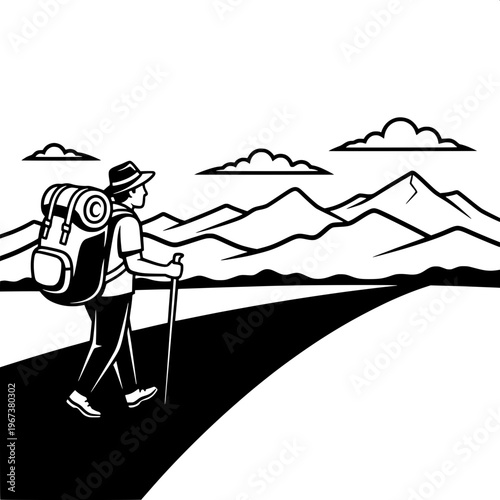 Hiker with backpack admiring mountain landscape from cliff edge illustration