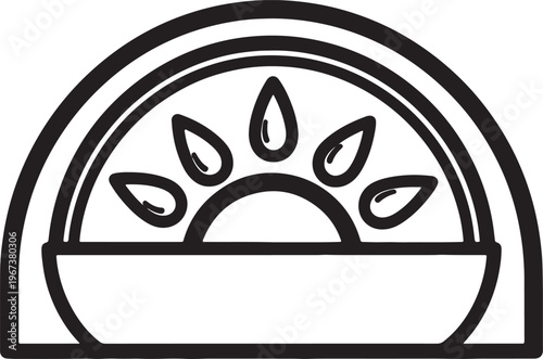 Black and white paw print silhouette inside a transparent bowl with a half-circle sunrise background also transparent background