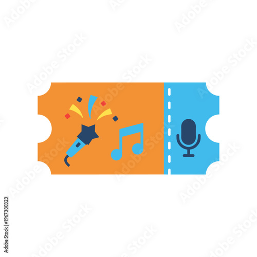 colorful music and podcast ticket vector illustration with cat dj and microphone flat design