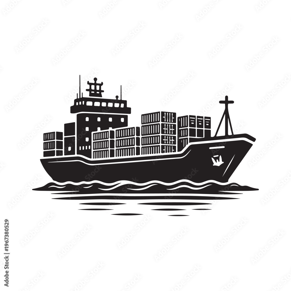 Obraz premium Modern cargo container ship vector illustration on ocean waves for shipping and logistics design