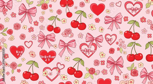 A charming seamless pattern features scattered pink bows, red cherries, and small roses on a light pink background.