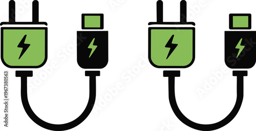 Electric Plug and USB Charging Cable Vector Icon Set Featuring Green Power Connectors with Lightning Bolt Symbol for Energy and Technology Concept