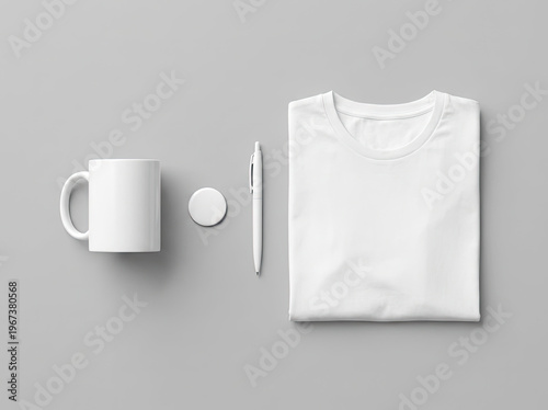 A neatly arranged still life of a folded white t-shirt, coffee mug, notebook, and pen on a gray surface.