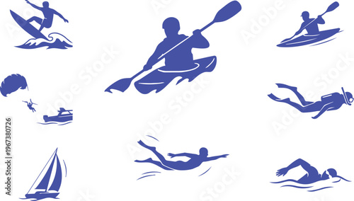 Water sports and aquatic recreation icon set featuring kayaking and swimming