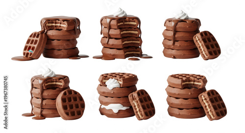 chocolate waffles stacked and drizzled isolated on a white background for dessert food blogs or online recipes