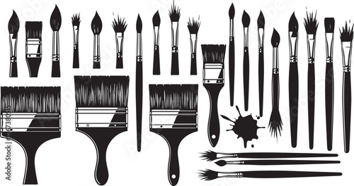 Black paintbrushes and brushes in various shapes and sizes