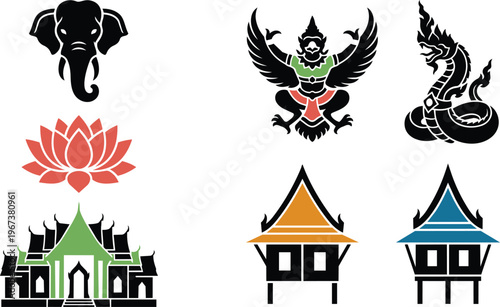 Traditional Thai cultural symbols in silhouette graphic style
