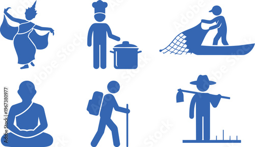 Set of blue icons depicting traditional Thai culture and daily life activities