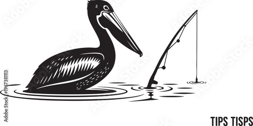 Black pelican catching fish with fishing rod in water