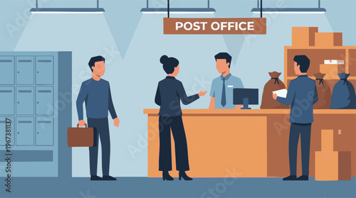 Customers interacting with staff at a post office service counter for mail and parcels
