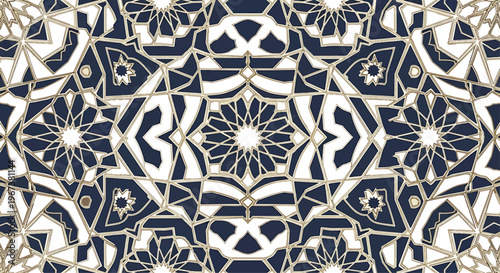 Intricate geometric pattern with dark blue and gold interlocking star shapes creates a sophisticated and symmetrical background.