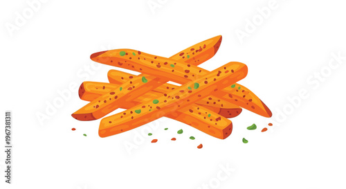 A plate of crispy sweet potato fries sprinkled with herbs and spices on a white background
