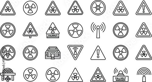 Radiation warning sign set ; radioactive; warning; hazard; sign; symbol; trifoil; nuclear; danger; toxic; yellow; 