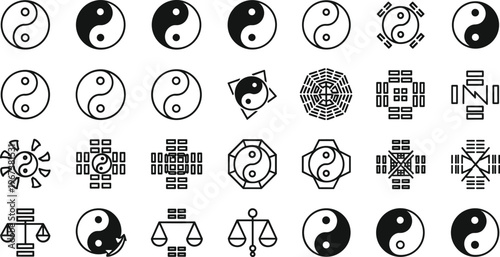 Yin Yang & Feng Shui Variations Bagua Trigrams and Taoism Spiritual Outline Icons Set Harmony and Balance Geometric Linear Vector Icon Collection
