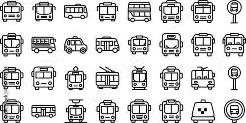 Transportation & Bus Icon Set , transport, urban, city, vehicle, transit, shuttle, coach, school bus, double decker, minibus, van, trolley, tram, cable car, station, 