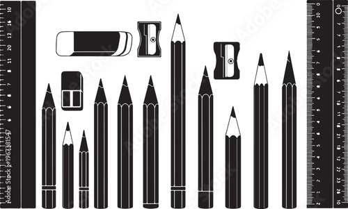 Black pencils erasers and sharpeners with rulers on white background
