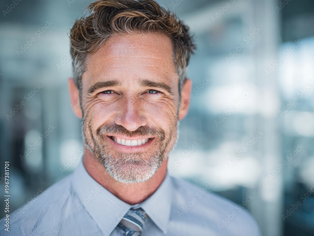 Fototapeta premium executive man friendly approachable on a blured office background with natural sunlight