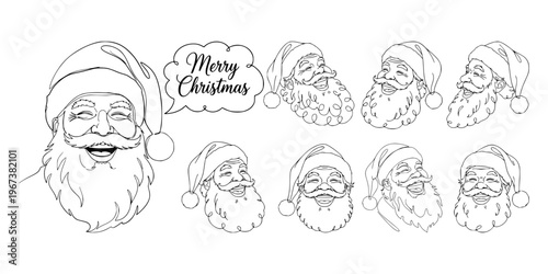 Multiple Santa Claus face sketches in line style on white background, symbolizing festive Christmas holiday joy