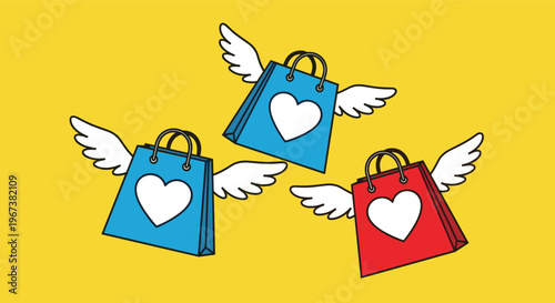 Three flying shopping bags with white wings and heart symbols on a vibrant yellow background representing fast delivery and retail passion.