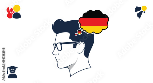 Profile of a man with thinking bubbles containing the German flag representing language learning or cultural connection on white background.