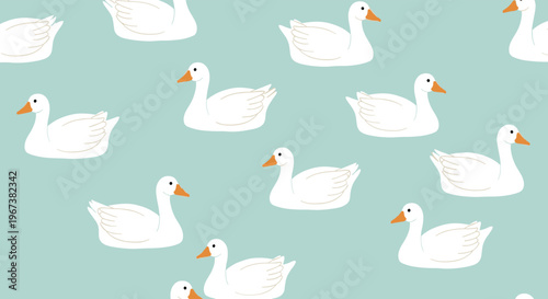 White ducks swimming gracefully across a light blue water surface depicted in a charming seamless pattern for children's decor.