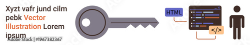 Cybersecurity, digital access, web authentication, coding, programming, user identification. Key icon, coding symbols person figure. Cybersecurity and digital access concept