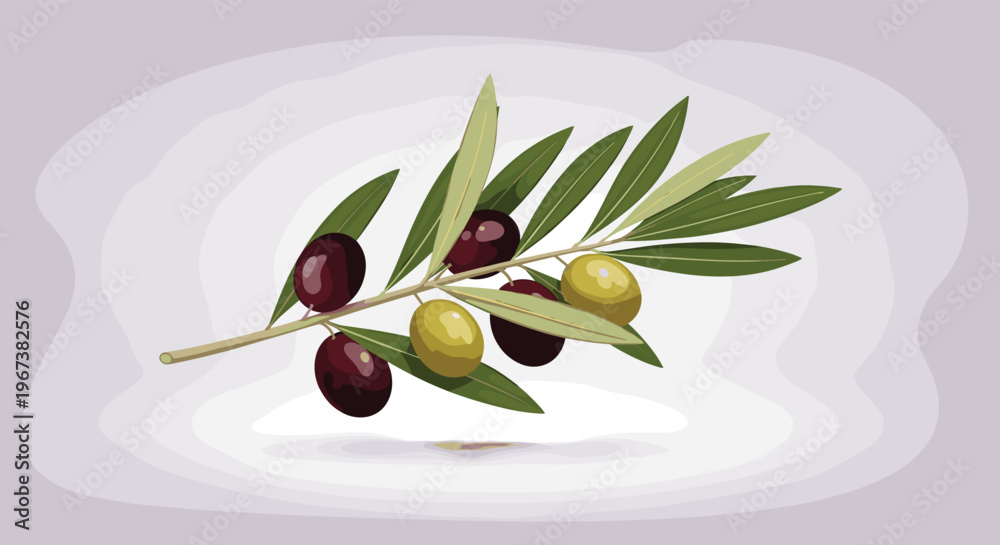 Fototapeta premium Olive branch featuring ripe green and black olives with slender leaves depicted in a realistic flat style illustration on a soft background.