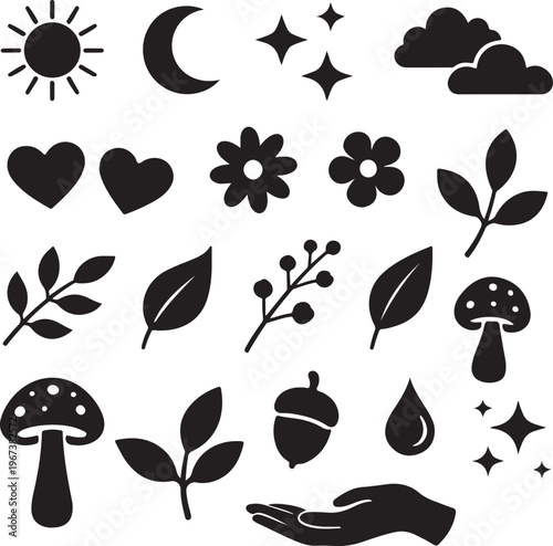 A collection of black silhouette icons featuring celestial bodies flowers leaves and mushrooms.