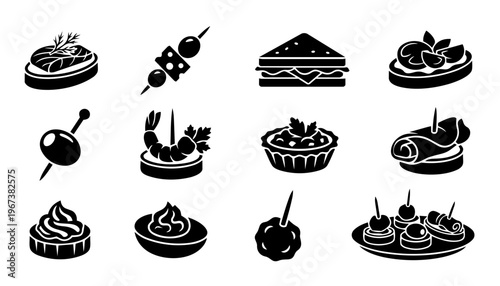 Canapé and Finger Food Silhouette Icon Set – Catering, Party Appetizers and Gourmet Snacks Collection