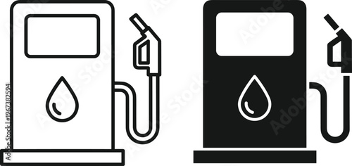 Gas Station Pump Vector Icon Set Featuring Fuel Nozzle and Oil Drop Symbol for Petrol, Diesel, Energy, Transportation, and Automotive Industry
