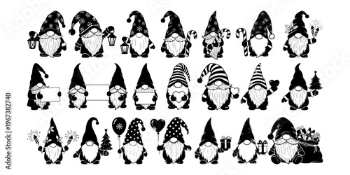 Multiple Christmas gnomes in cartoon style posed with festive objects on white background, concept of winter holiday cheer