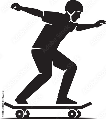 Black silhouette of a skateboarder in action with arms spread out also transparent background