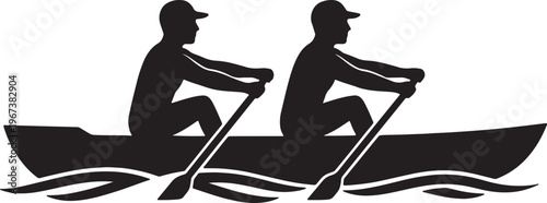 Two people rowing a boat on water in silhouette style also transparent background paddles