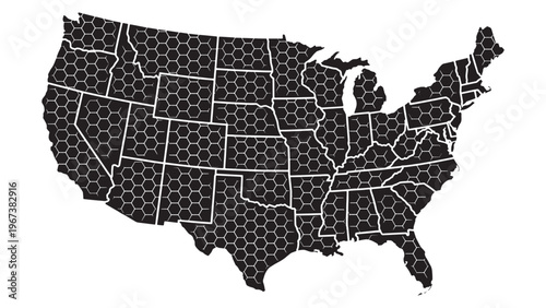 United States Map With State Borders and Hexagon Pattern Texture for USA Geography Infographic, Political Data Visualization, and National Territory Graphic Design