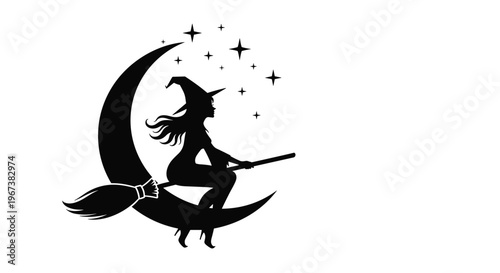 Silhouette of a witch flying on a broom across a crescent moon surrounded by stars on a white background for Halloween themes.