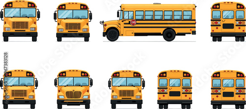 School bus set with front side rear views yellow transportation vehicle collection detailed flat vector illustration design