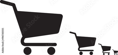 Black shopping cart in decreasing size white background