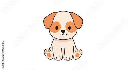 Adorable puppy sitting and looking straight ahead with brown patches on its ears and eyes in a cute colorful cartoon style.
