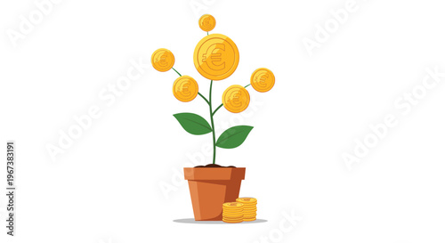 Plant growing out of a ceramic pot with euro coins as leaves on a white background representing financial growth and investment success.