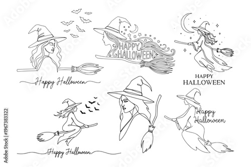 Line art witches on broomsticks with decorative elements in minimal outline style on white background, concept of Halloween magic
