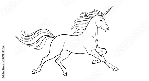 Elegant unicorn line art illustration shown in a dynamic running pose with flowing mane and tail for coloring or creative use.